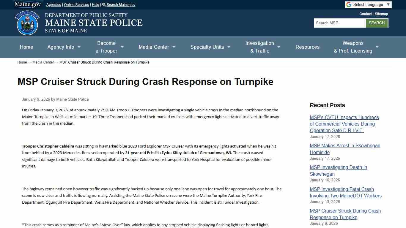MSP Cruiser Struck During Crash Response on Turnpike | Maine State Police