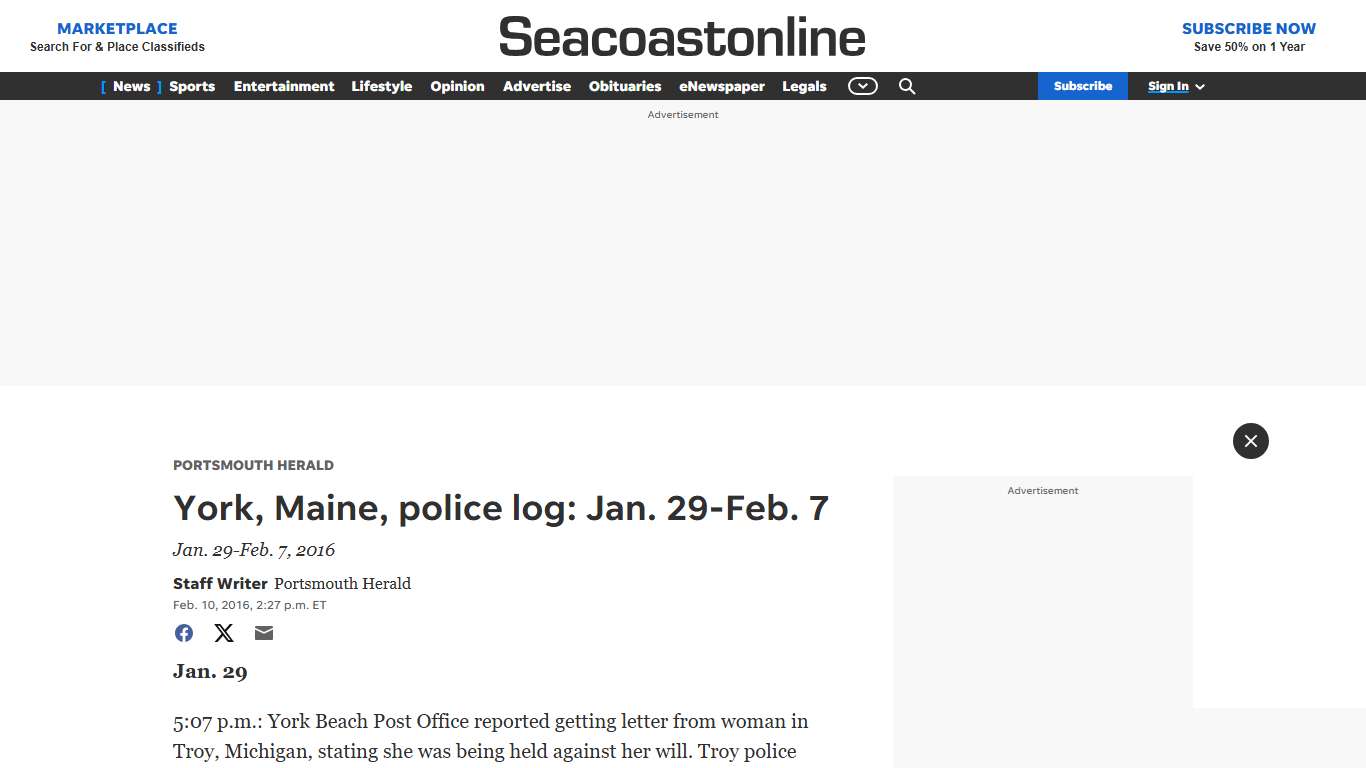 York, Maine, police log: Jan. 29-Feb. 7